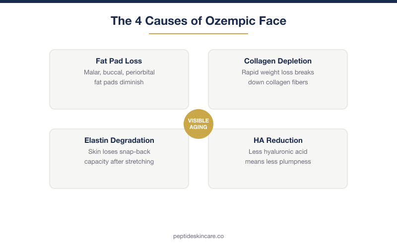 The 4 causes of Ozempic face: fat pad loss, collagen depletion, elastin degradation, HA reduction